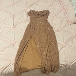 Oh Polly Strapless Sequin Dress in Tan